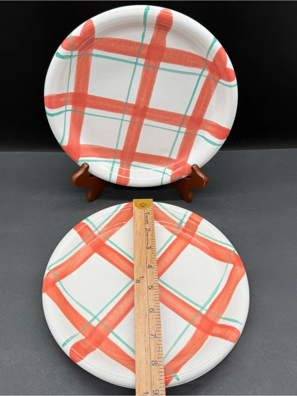 Crown Corning Orange Green Plaid Plate 9” Indonesia Stoneware Set of 3 Rare VTG